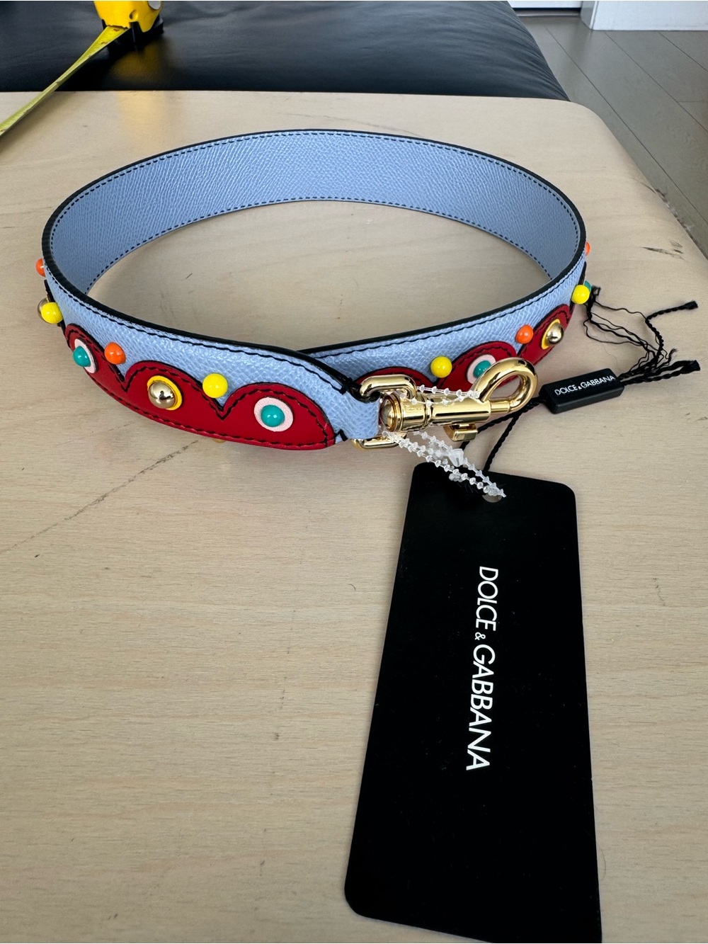 Dolce & Gabbana Light Blue Leather Shoulder Strap with Red and Multicolor Studs